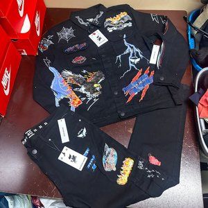 Maison Noir Mens Black Graphic Long Sleeve Denim Jacket Cargo Pocket Jeans Set